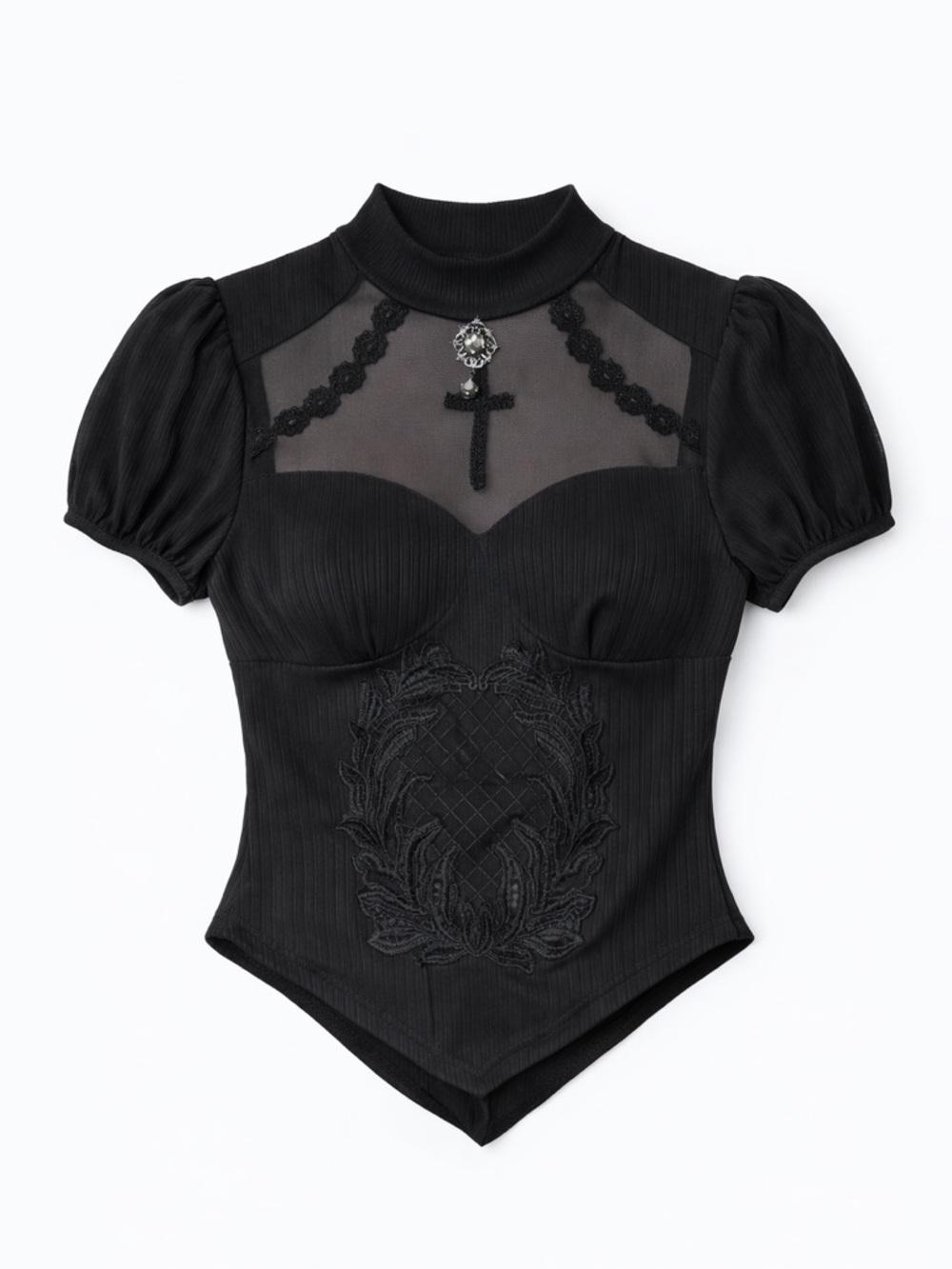 Goth Puff-Sleeve Embroidered Cross Corset Top Romancecore Victorian 🕷️